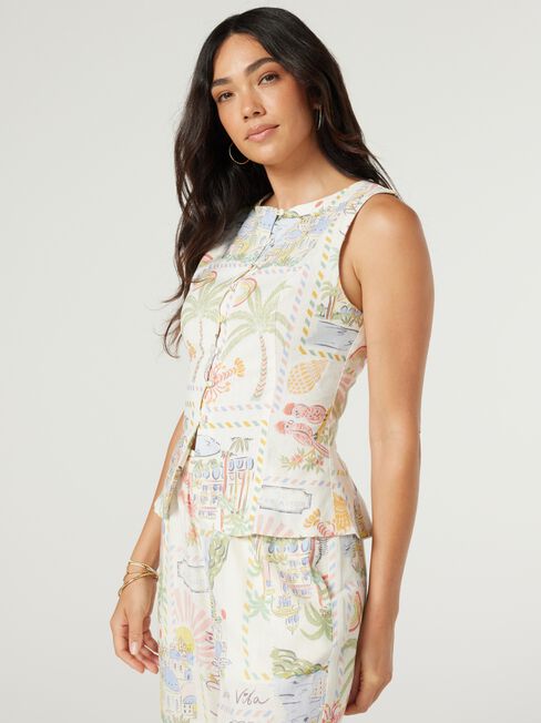 Jenna Linen Button Thru Top, Print, hi-res