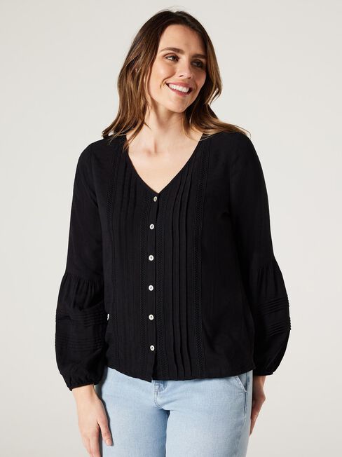 Everlie Pintuck Top, Black, hi-res