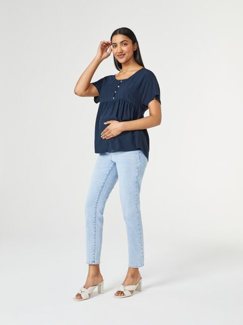 Lacey Half Button Maternity Top, Blue, hi-res