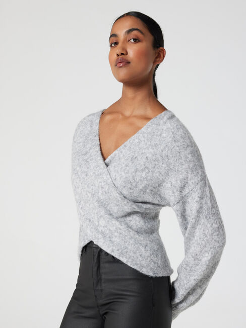 Charlotte Soft Cross Over Knit, Grey Marle, hi-res