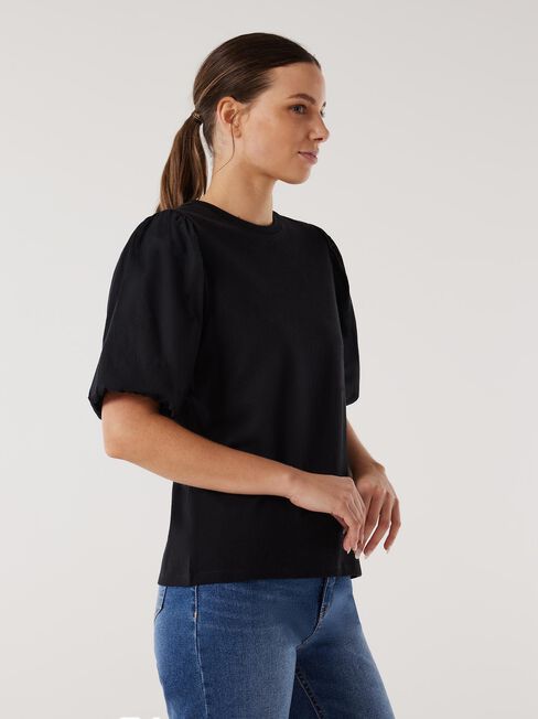 Charlie Cotton Puff Sleeve Top, Black, hi-res