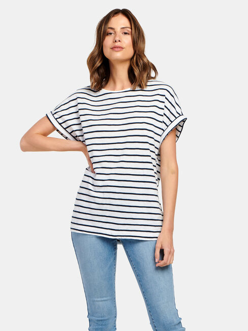 Drop Shoulder Tee, White & Navy Stripe, hi-res