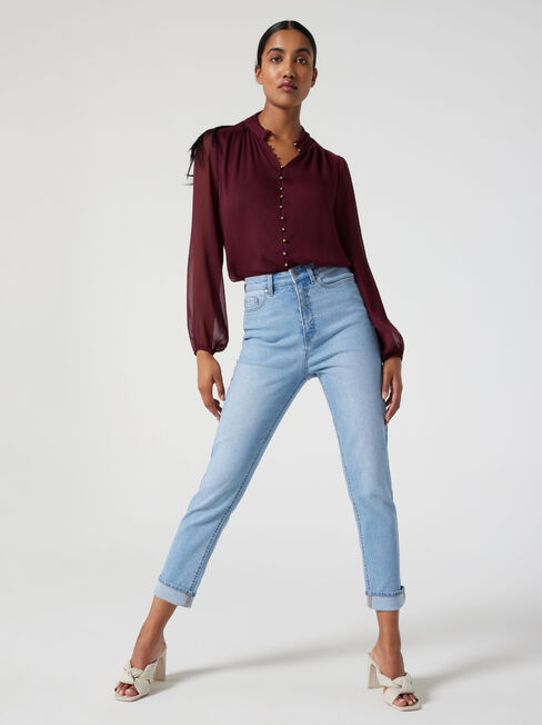 Liv Long Sleeve Button Detail Blouse, Merlot, hi-res