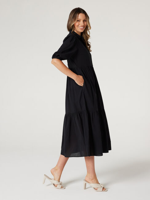 Hollywood Tiered Maxi Shirt Dress, Black, hi-res