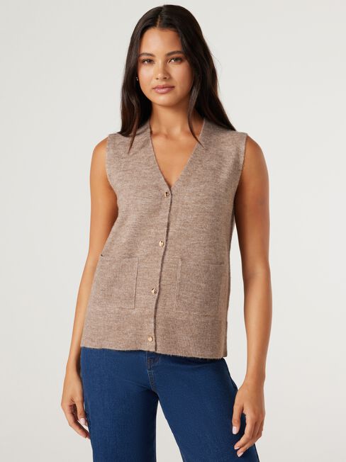 Havana Button Front Vest, Taupe, hi-res