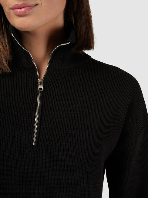 Gloria High Neck Half Zip Knit, Black, hi-res
