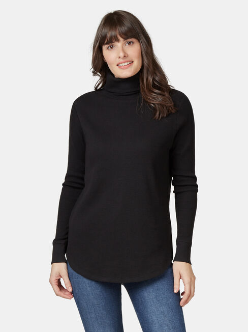 Ally Textured Stand Neck Top, Black, hi-res