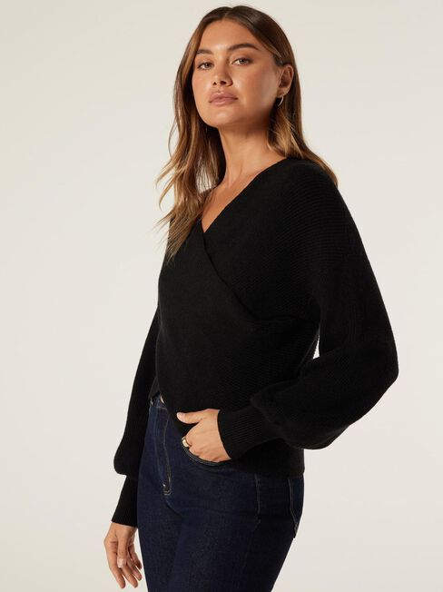 Ruby Rib Cross Front Knit, Black, hi-res