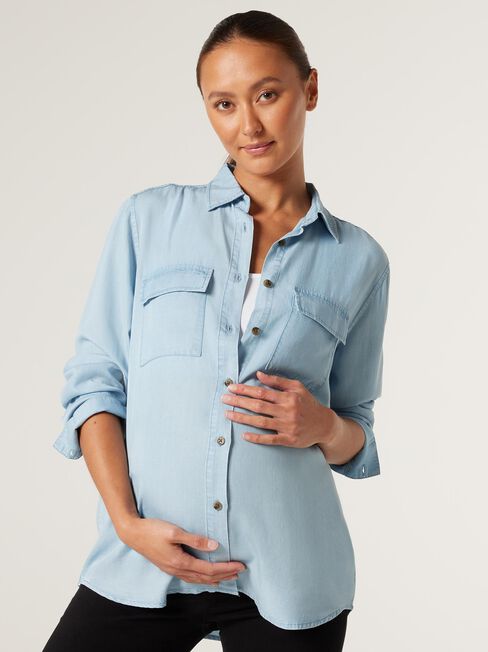 Isla Tencel Maternity Shirt, Chambray, hi-res