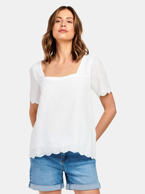 Sara Square Neck Textured Top, White, hi-res