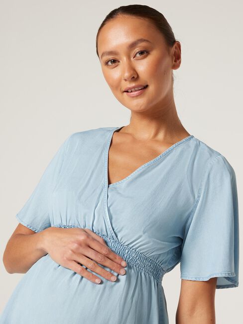 Bella Wrap Tencel Maternity Top, Chambray, hi-res