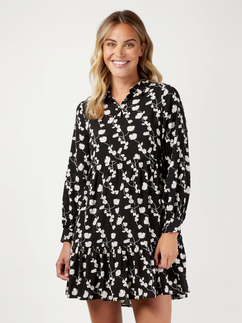 Isla Half Button Tiered Dress, Black, hi-res