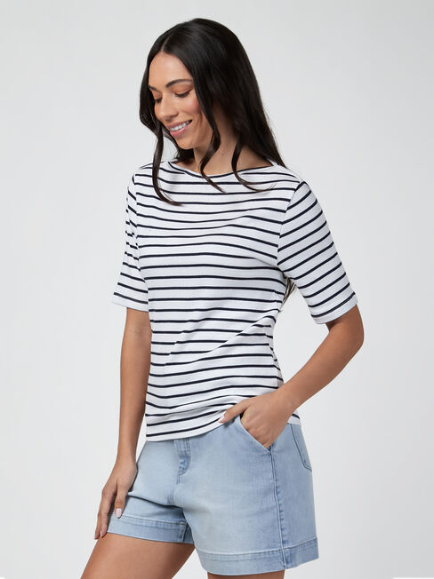 Rib Elbow Sleeve Boatneck Tee | Jeanswest