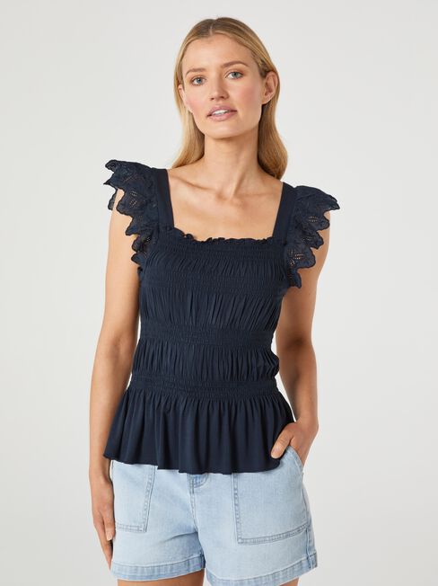 Faith Smocked Jersey Top, Blue, hi-res