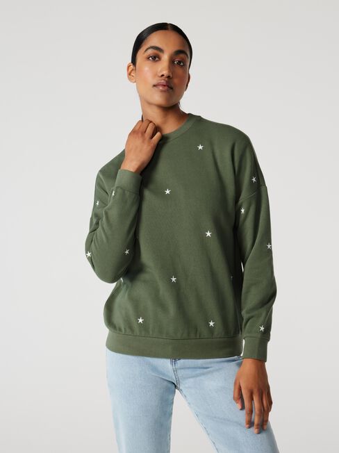 Millie Star Print Sweat, Thyme, hi-res