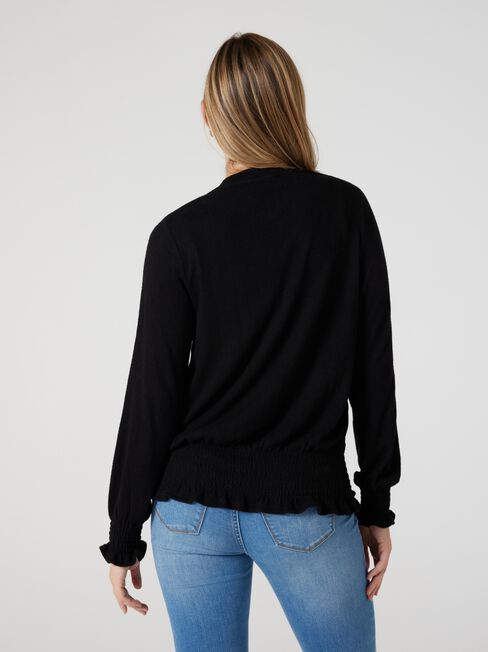 Jemma Soft Touch Shirred LS Top, Black, hi-res