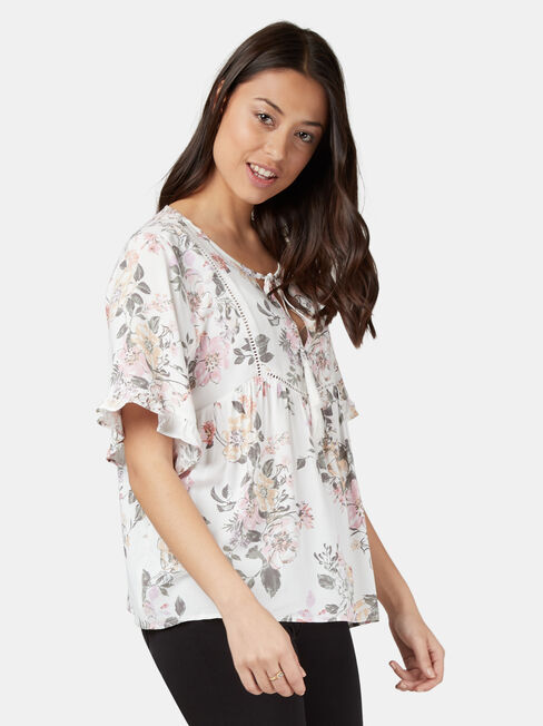 Tia Short Sleeve Peasant Top, White, hi-res