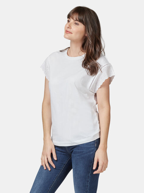 Beth Broderie Trim Tee, White, hi-res