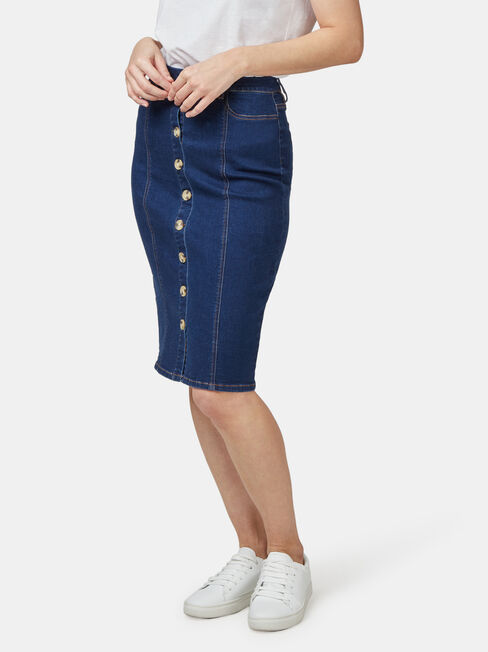 Denim Button Thru Skirt, Blue, hi-res