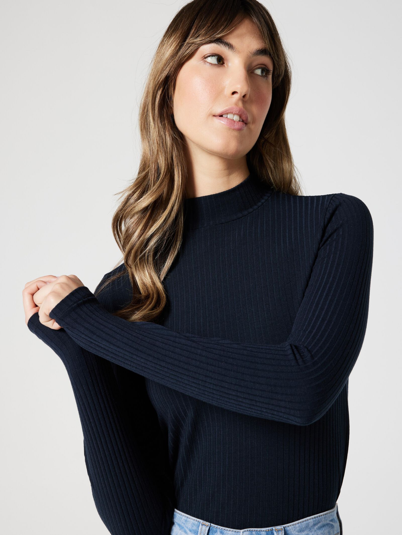 Navy blue mock neck top store