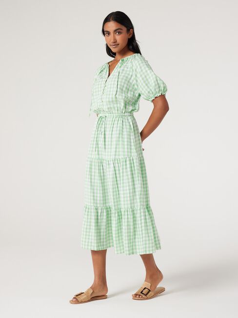 Grace Tiered Midi Dress, Green Gingham, hi-res