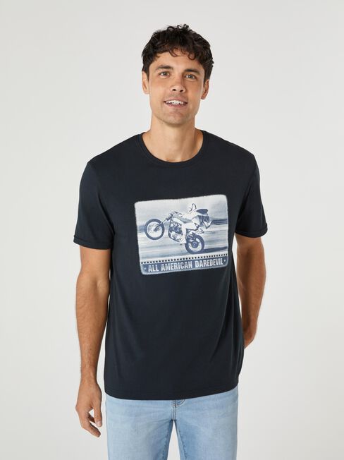SS Evel Knievel All American Print Crew Tee, Black, hi-res