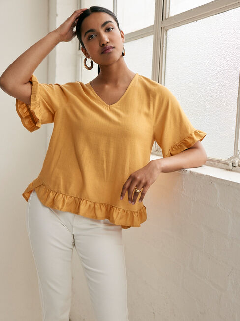 Ivy V Neck Ruffle Top, Orange, hi-res