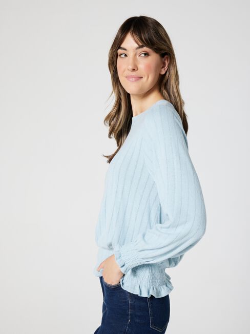 Jemma Soft Touch Shirred LS Top, Powder Blue, hi-res