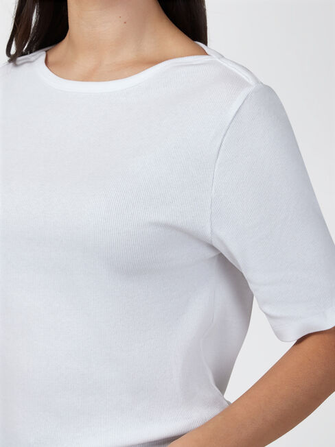 Rib Elbow Sleeve Boatneck Tee, White, hi-res