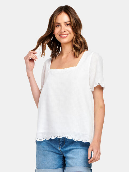 Sara Square Neck Textured Top, White, hi-res