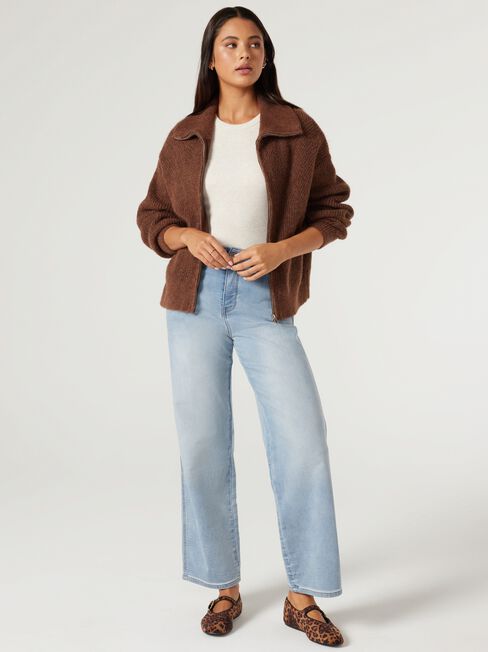 Fran Double Zip Cardigan, Brown, hi-res