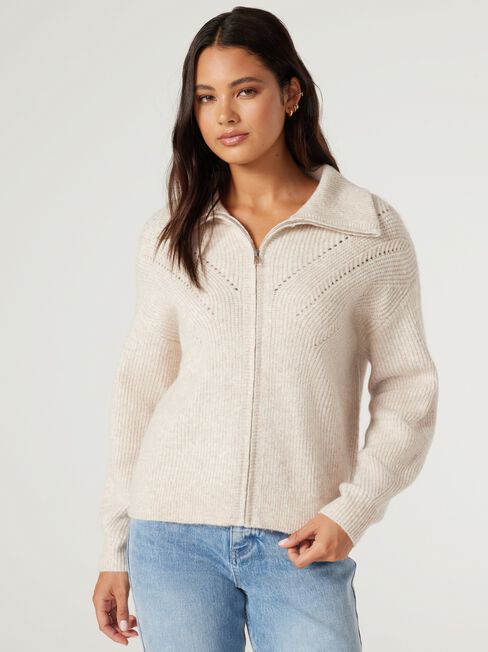 Fran Double Zip Cardigan, Oatmeal, hi-res