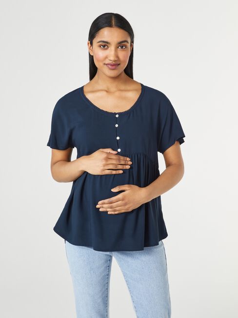 Lacey Half Button Maternity Top, Blue, hi-res