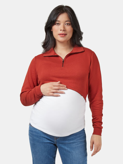 Pearl Zip Front Concave Sweat, Red, hi-res