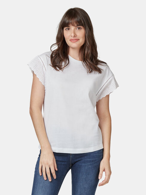 Beth Broderie Trim Tee, White, hi-res