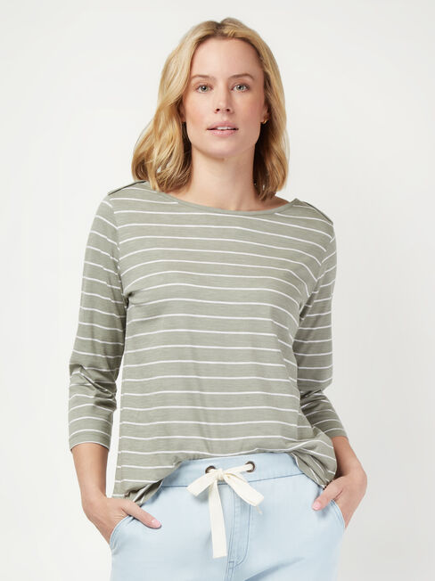 Essential Boatneck Tee, Green Stripe, hi-res