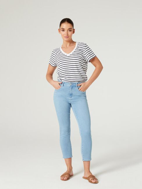 Essential V-Neck Tee, White & Navy Stripe, hi-res