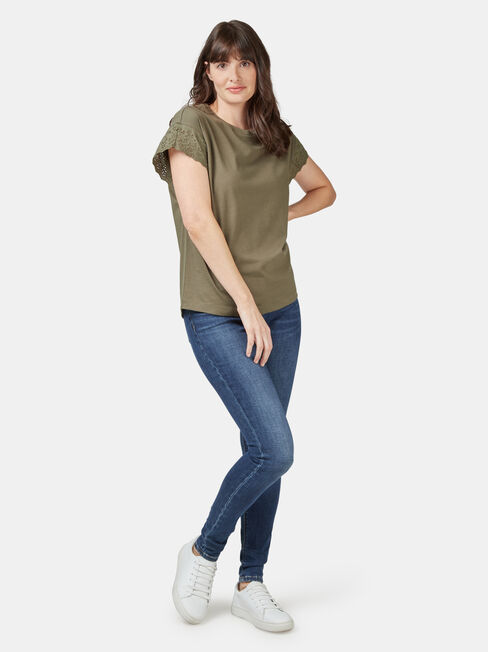 Beth Broderie Trim Tee, Green, hi-res