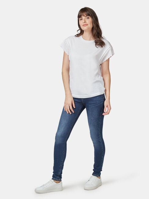Beth Broderie Trim Tee, White, hi-res