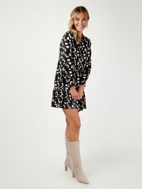 Isla Half Button Tiered Dress, Black, hi-res