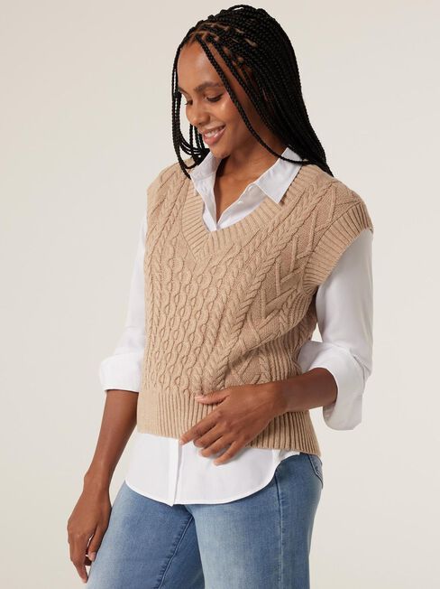 Isadora Cable Vest, Camel Marle, hi-res