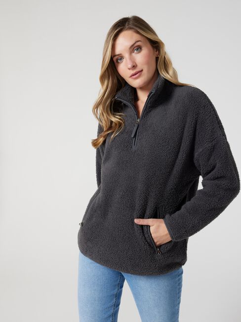 Teddy Half Zip Sweat, Grey, hi-res