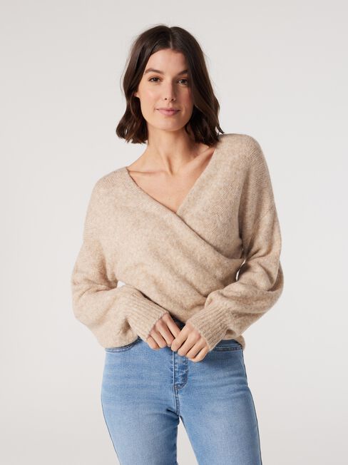 Charlotte Soft Cross Over Knit, Oatmeal, hi-res