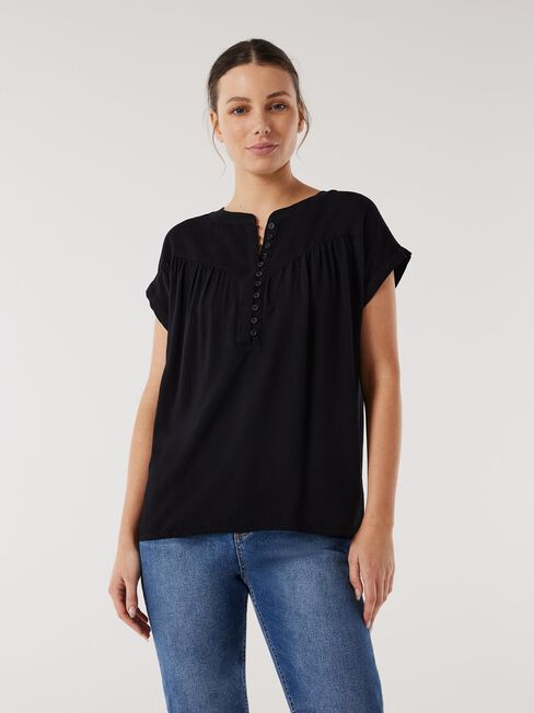 Heather Button Front Top, Black, hi-res
