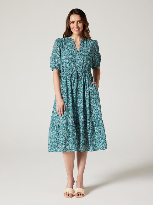 Inessa Flowy Dress, Green Blossom, hi-res