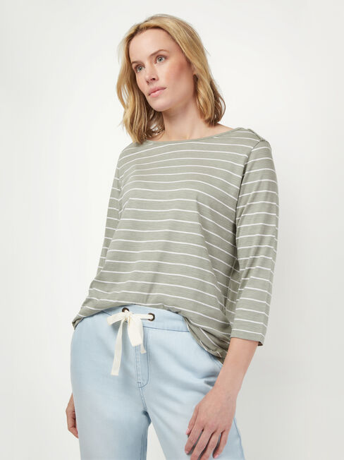 Essential Boatneck Tee, Green Stripe, hi-res