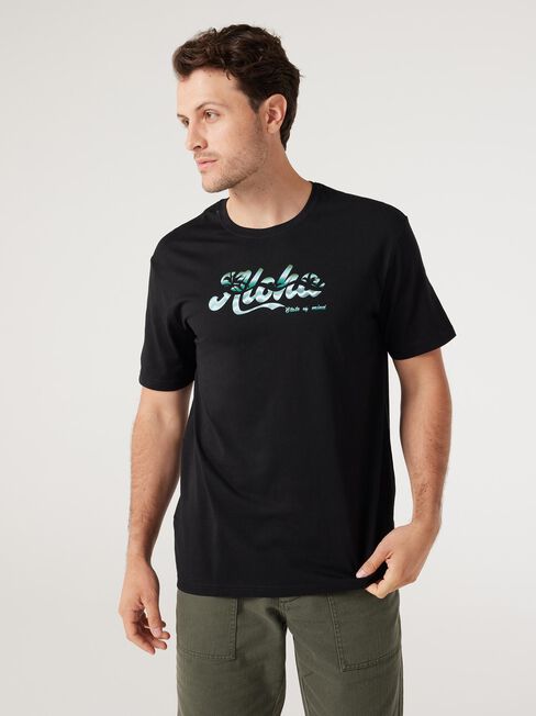 SS Aloha Print Crew Tee, Black, hi-res