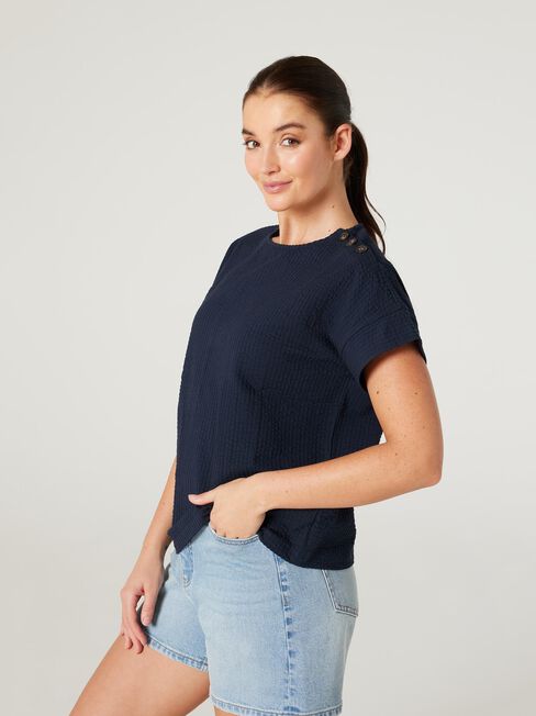 Louise Textured Button Detail Tee, Ink, hi-res