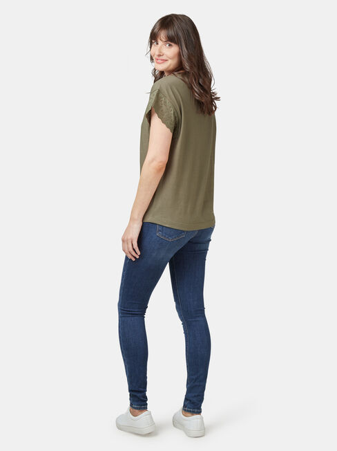 Beth Broderie Trim Tee, Green, hi-res