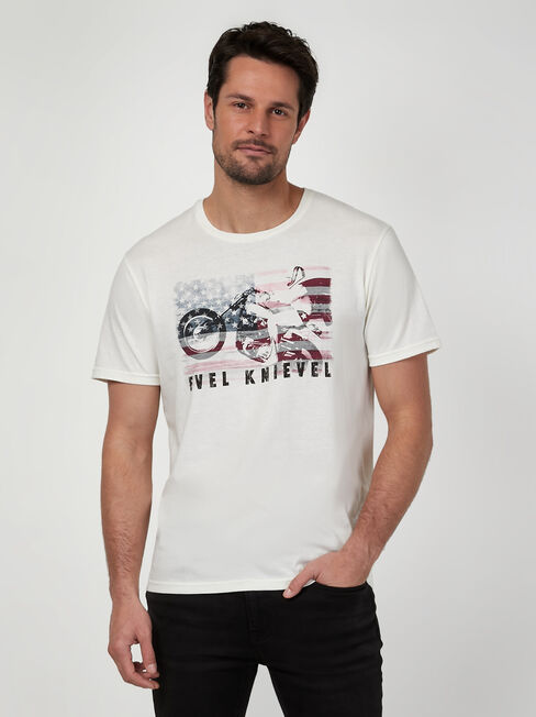 SS Evel Knievel Legend Print Crew Tee, White, hi-res